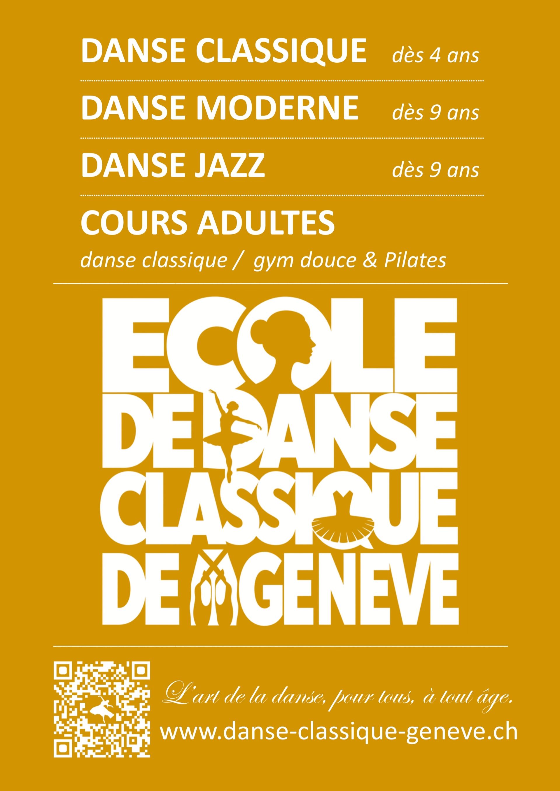 Affiche 2026–2027 de l'École de Danse Classique de Genève — danse classique dès 4 ans, danse moderne et jazz dès 9 ans, cours adultes